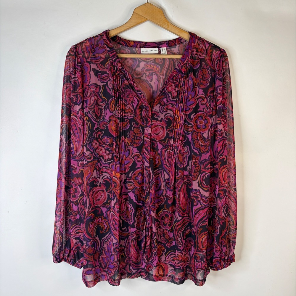 Susan Graver Blouse Women L Pink Purple Paisley Mesh Pintuck Long Sleeve